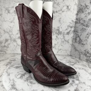 Justin Mens Black Cherry Exotic Lizard Cowboy Boot Size 10.5 Embroidered Leather